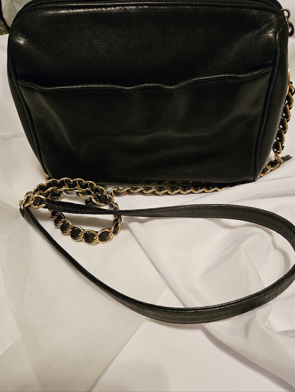 Nine West Vintage Black Genuine Leather Interwoven Gold Chain Crossbody Bag